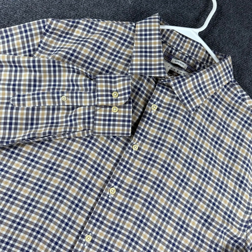 Joseph Abboud Button Down Mens XXL 2XL Blue Tan Plaid Non-Iron Long Sleeve